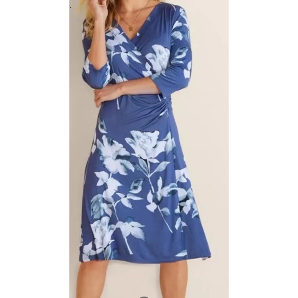 Soft Surroundings Womens Navy Blue Hyannis Rose Floral Faux Wrap Dress Size 2X